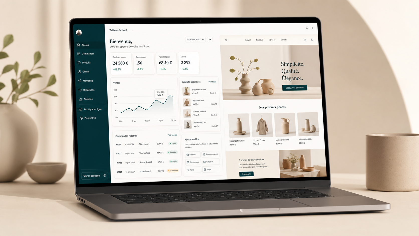 Aperçu de l’interface MakeUrShop avec dashboard et boutique en ligne